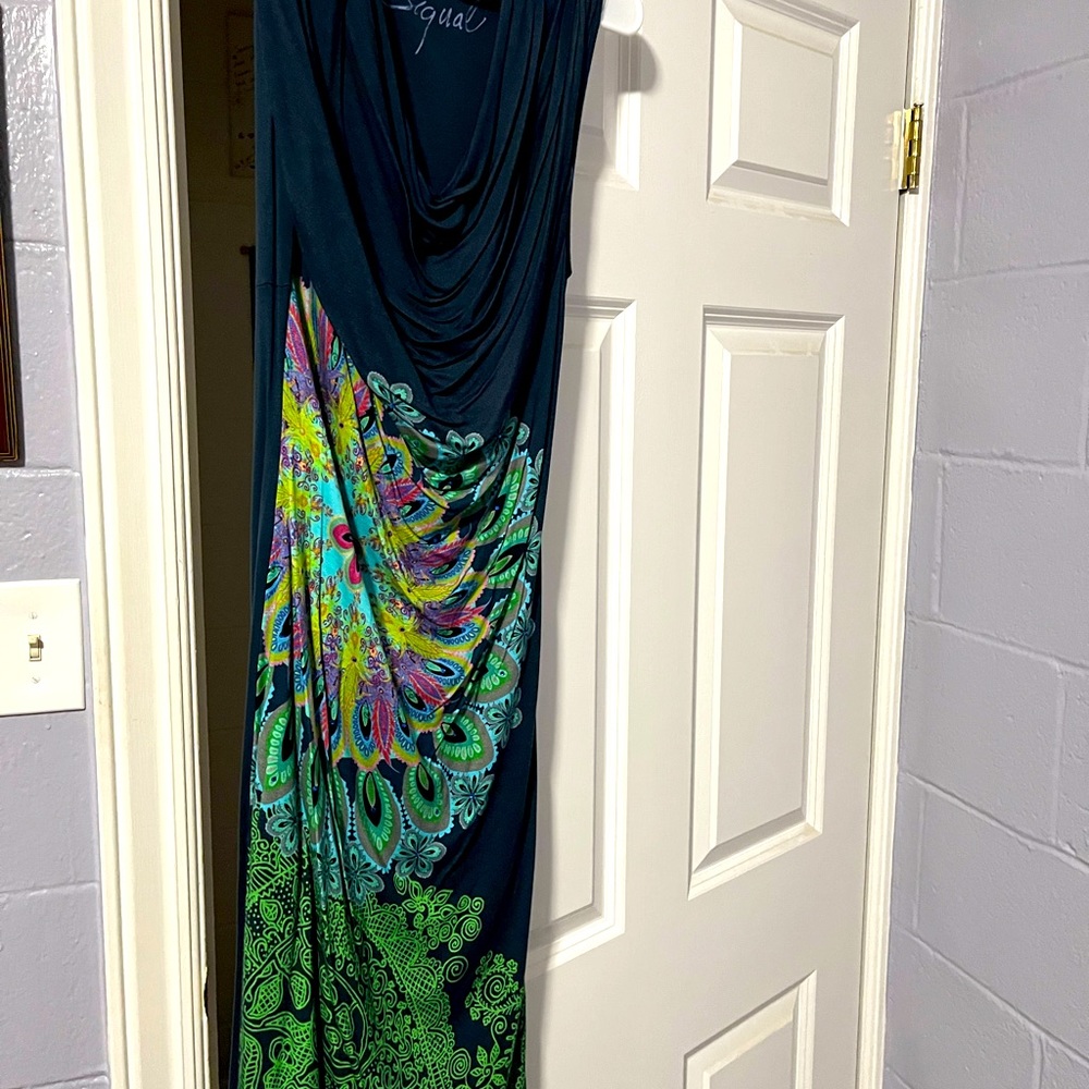 Women's Navy Draped Maxi Dress with Multicolor Paisley Print
